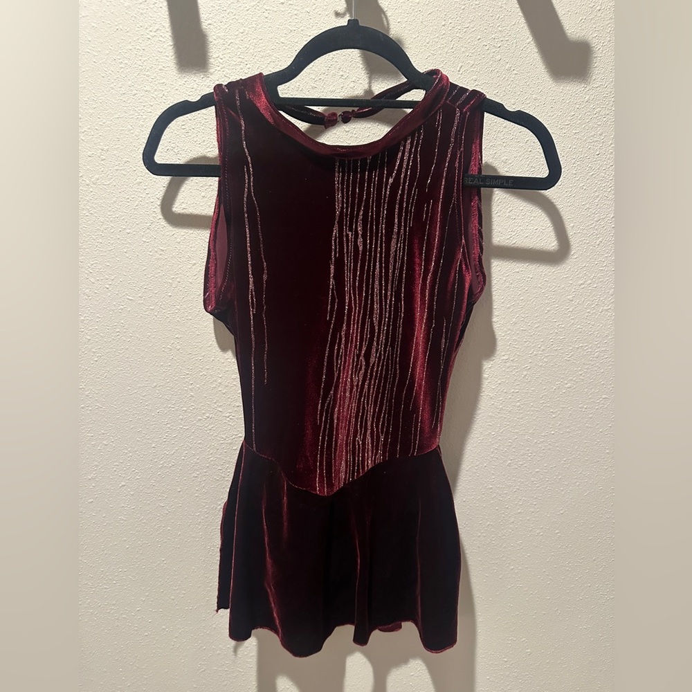 Girls Maroon Open Back Halter Skating Dress